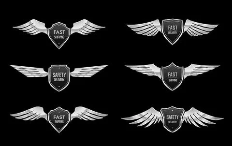 Award shield with silver wings, shipping labels Illustration