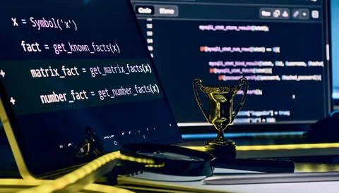 Award-Winning Software Development Concept with Gold Trophy, Source Code Sc.. Stock Photos
