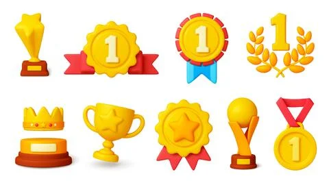 Awards 3d elements. Golden prizes and medals, cups and trophy. Isolated gold Stock Illustration