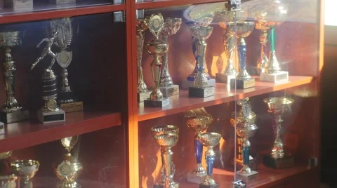 Awards Exhibited in the Showcase Chess Cup Represented in the Hall of the Club Stock Footage 60795065