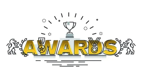 Awards logo with trophy icon and decorative elements on white background Stock Footage 340282536