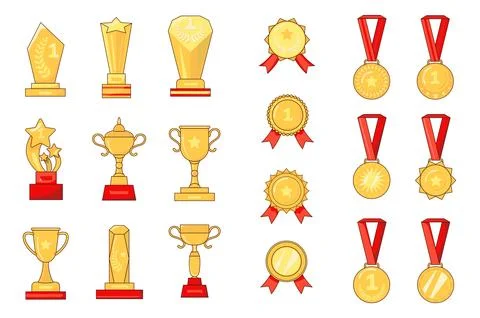 Awards set graphic elements in flat design. Bundle of gold cups, reward badge Stock Illustration