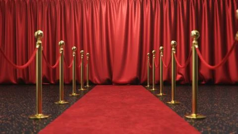 Awards show background with closed red curtains. Red velvet carpet between Stock Illustration