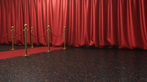 Awards show background with closed red curtains. Red velvet carpet between Stock Illustration