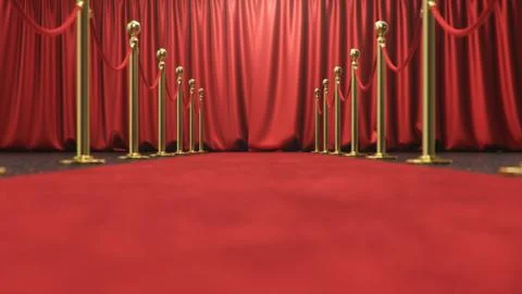 Awards show background with closed red curtains. Red velvet carpet between Stock Illustration