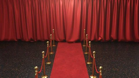 Awards show background with closed red curtains. Red velvet carpet between Stock Illustration