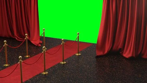 Awards show background with red curtains open on green screen. Red velvet carpet Stock Illustration