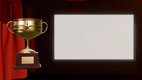 Awards Stage Zoom to White Screen with Golden Trophy on Left 4K Vídeos de archivo 333676357