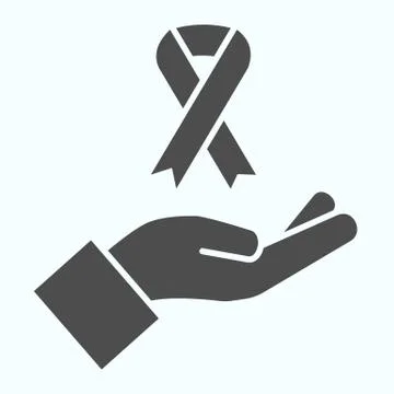 Awareness symbol on hand solid icon. Charity ribbon on a hand vector Stock Illustration