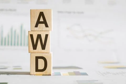 AWD - Adaptive Web Design word on wooden cubes on blue background with chart Illustrazione stock