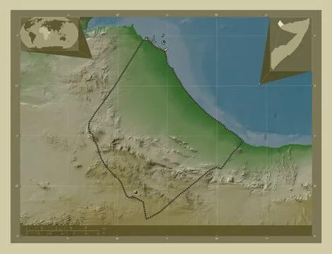 Awdal, Somalia. Elevation map colored in wiki style with lakes and rivers Stock Illustration