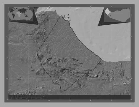 Awdal, Somaliland. Bilevel elevation map with lakes and rivers Illustrazione stock