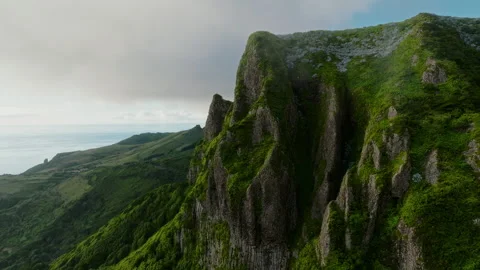 Awe-Inspiring View of Jagged Basalt Cliffs Cloaked in Vibrant Greenery and Wild 库存影片 336262869