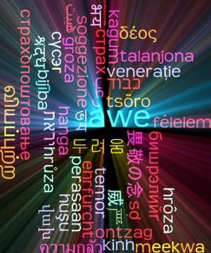 Awe multilanguage wordcloud background concept glowing Stock Illustration