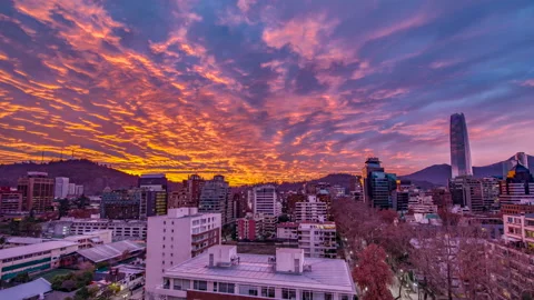 Awe time lapse with the clouds moving across Santiago de Chile city skyline. Video stock 153876482