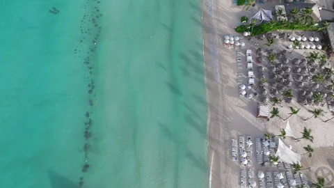 Awesome birds view of sandy beach with parasol and caribbean sea at Bayahibe 動画素材 302467839