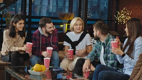 Awesome charismatic group of office workers colleagues have a stuff party they Video stock 122761225