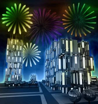 Awesome firework show at night over cityscape illustration Stock Illustration