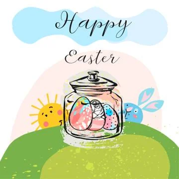 Awesome happy easter card in vector. Funny rabbits and spring flowers with イラスト素材