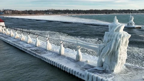 Awesome Ice formation on the St Josephs Michigan Lighthouse Video stock 229217058