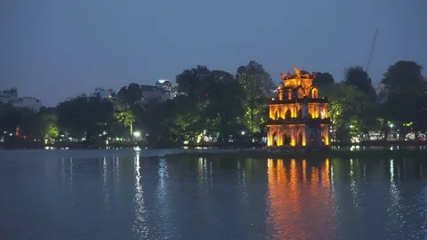 Awesome night view of the Turtle Tower in Hanoi, Vietnam Stock Footage 108198554
