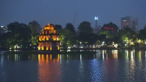 Awesome night view of the Turtle Tower in Hanoi, Vietnam Stock Footage 108198564
