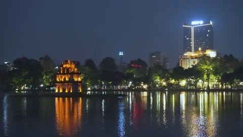 Awesome night view of the Turtle Tower in Hanoi, Vietnam Stock Footage 108198611