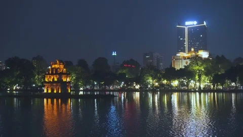 Awesome night view of the Turtle Tower in Hanoi, Vietnam Stock Footage 108198617