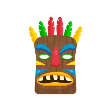 Awesome rectangular african mask with multicolored feathers isolated on white Stock Illustration