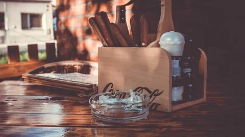 Awesome restaurant setup on the brown table. Stock Photos