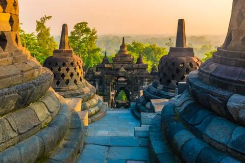 Awesome sunrise at Buddhist temple complex Borobudur, Yogyakarta, Jawa, Stock Photos