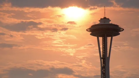 Awesome sunset behind space needle, seattle washington Stock Footage 83424768
