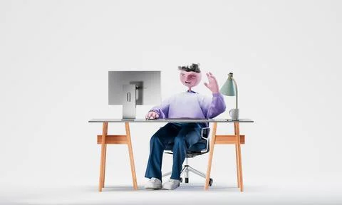 Awesome Travor greets with a hand on camera by computer. Online communication Stock Illustration