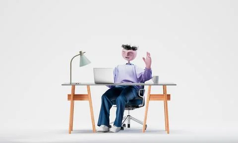Awesome Travor greets with a hand on camera on laptop. Online communication イラスト素材
