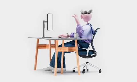 Awesome Travor greets with a hand on camera by computer. Online communication Stock Illustration