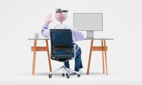 Awesome Travor greets with a hand on camera by computer. Online communication 库存插图