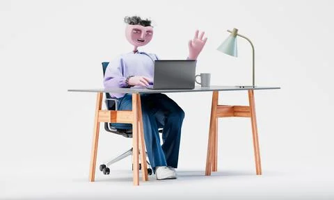 Awesome Travor greets with a hand on camera on laptop. Online communication Stock Illustration