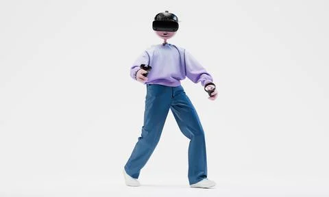 Awesome Travor standingr with hand controllers and a VR helmet. Online gaming Illustration