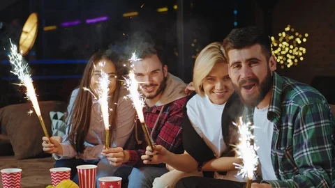 Awesome two couples in front of the camera spending a great time together Stock Footage 124464391