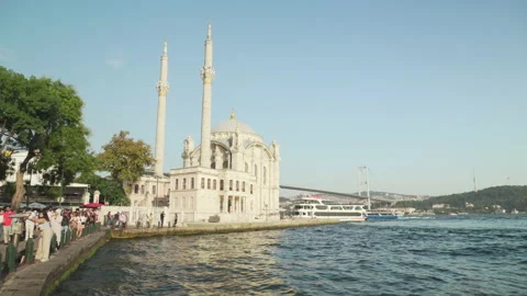 Awesome view of Ortakoy Mosque and the Bosporus in Istanbul Stock Footage 239807886