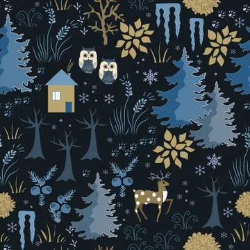 Awesome winter seamless pattern with house in night forest. Stylish back, bro Stock Illustration