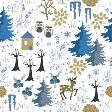 Awesome winter seamless pattern with house in forest. Stylish brown and blue Stock Illustration