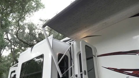 Awning of RV Put Out for 5th Wheel Camping Stock Footage
