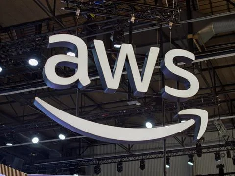 AWS Cloud Computing Logo Display at Trade Show Stock Photos
