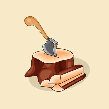 The ax got stuck in a fallen tree trunk Stock Illustration