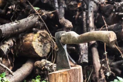 An ax in a hemp on logs background Foto stock