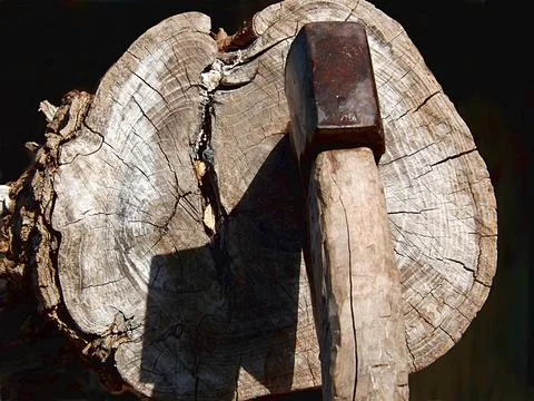 Ax with a sharp shadow on the log. Stock Photos