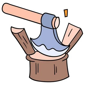 The ax split the logs of the tree. carton emoticon. doodle icon drawing Stock Illustration