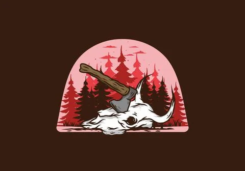 An ax stuck in a buffalo skull illustration Stock Illustration