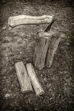 Ax stuck in the stump Stock Photos